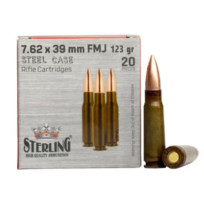 Sterling, 7.62x39mm, 123 Grain, Steel Casing, Case of 1000 Rounds UPC: 8698779967604 Sterling, 7.62x39mm, 123 Grain, Steel Casing, Case of 1000 Rounds UPC: 8698779967604