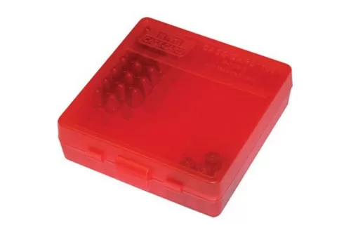 MTM Flip-Top 9mm 380 ACP 100 Round Clear Red Ammo Box (P-100-9-29)