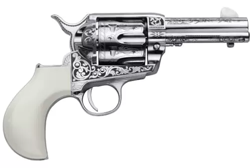 Cimarron Pp346huckeng Huckleberry  45 Colt (Lc) 6 Shot 3.50" Nickel Engraved Barrel, Cylinder & Frame, White W/"Huckleberry" Engraved ON The Backstrap Grip