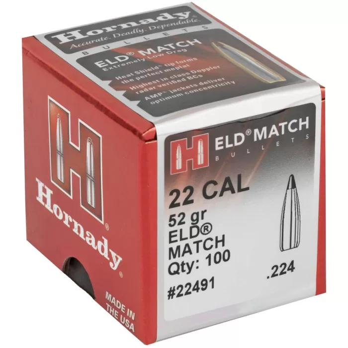 HORNADY ELD Match 22 Cal .224 52Gr 100 Per Box Bullets (22491) HORNADY ELD Match 22 Cal .224 52Gr 100 Per Box Bullets (22491)