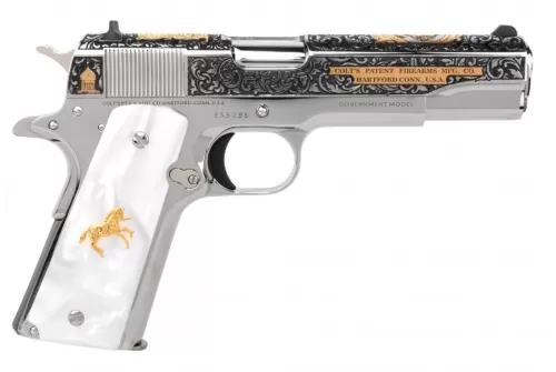 Colt Pistol 1911 El Samuel 38Sup High Polish SS Engraved 9rd 5" - O1911C-SS38-ESS