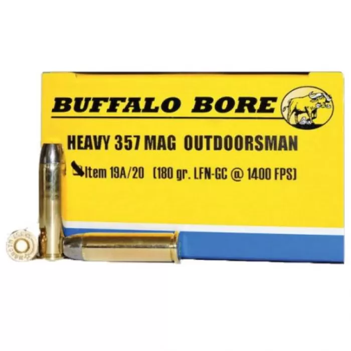 Buffalo Bore Heavy Outdoorsman 357 Mag 180 grain Hard Cast Lead Flat Nose - Gas Checked Pistol and Handgun Ammo, 20/Box - 19A/20