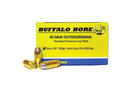 Buffalo Bore Outdoorsman Standard Pressure 40 S&W 200 grain Hard Cast Flat Nose Low Flash Pistol and Handgun Ammo, 20/Box - 23F/20