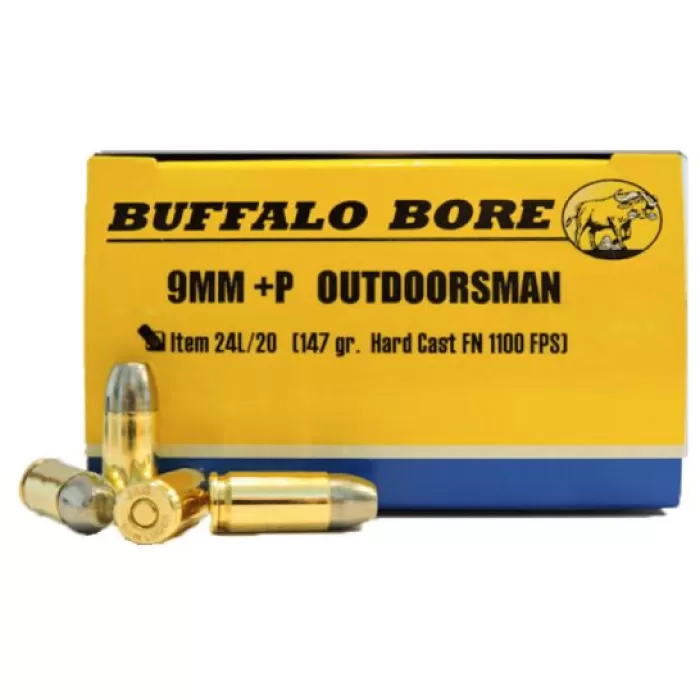 Buffalo Bore Outdoorsman 9mm Luger +P 147 grain Hard Cast Flat Nose Handgun Ammo, 20/Box - 24L/20 Buffalo Bore Outdoorsman 9mm Luger +P 147 grain Hard Cast Flat Nose Handgun Ammo, 20/Box - 24L/20