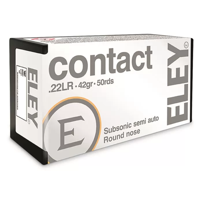 Eley Contact Sub-Sonic, .22LR, LRN, 42 Grain, 50 Rounds Eley Contact Sub-Sonic, .22LR, LRN, 42 Grain, 50 Rounds