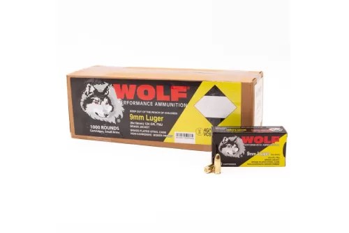 Wolf Performance Steel Case 9mm Luger Ammo 124 Grain Full Metal Jacket Case of 1000 (20 Boxes of 50)