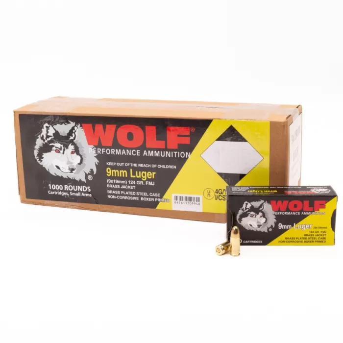 Wolf Performance Steel Case 9mm Luger Ammo 124 Grain Full Metal Jacket Case of 1000 (20 Boxes of 50)
