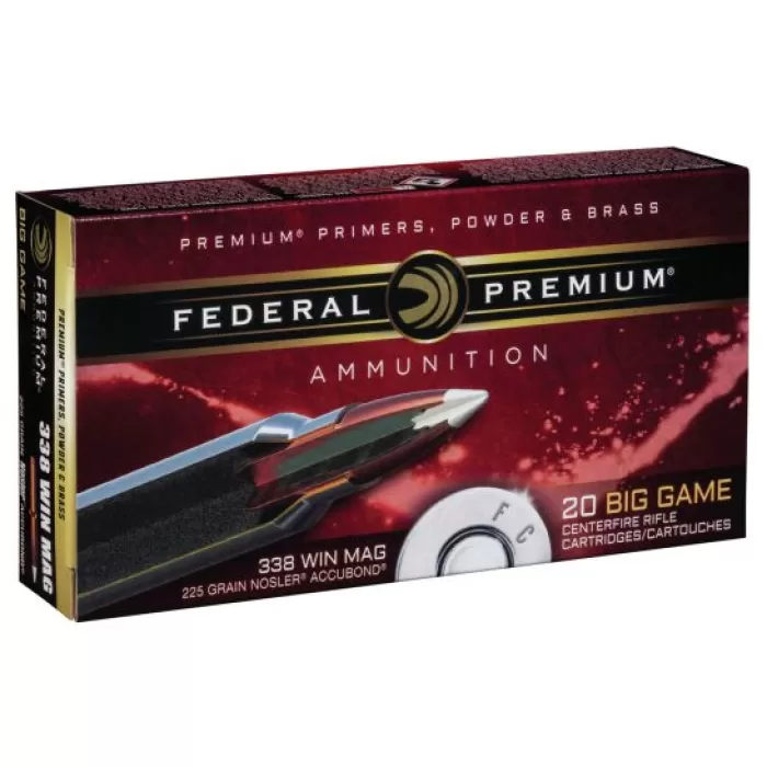 Federal Premium 225 gr Nosler AccuBond .338 Win Mag Ammo, 20/box - P338A1 Federal Premium 225 gr Nosler AccuBond .338 Win Mag Ammo, 20/box - P338A1