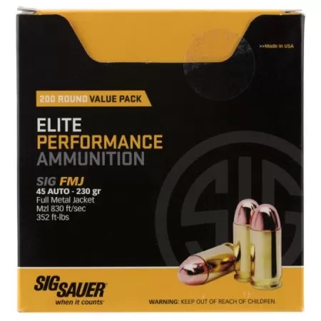 SIG SAUER Value Packs .45 ACP 230 grain Full Metal Jacket Brass Cased Centerfire Pistol Ammo, 200 Rounds, E45BA3-200
