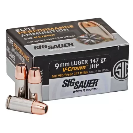 Sig Sauer Elite Performance V-Crown 147 gr Jacketed Hollow Point 9mm Ammo, 50/box - E9MMA3-50