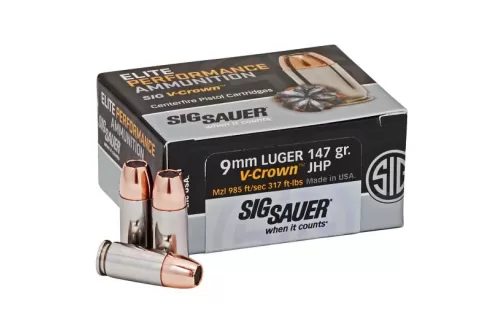 Sig Sauer Elite Performance V-Crown 147 gr Jacketed Hollow Point 9mm Ammo, 50/box - E9MMA3-50