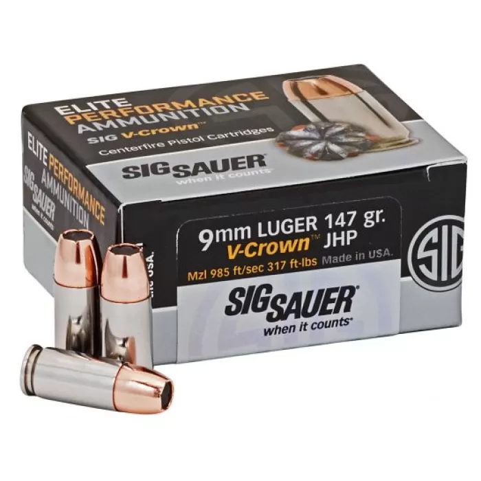 Sig Sauer Elite Performance V-Crown 147 gr Jacketed Hollow Point 9mm Ammo, 50/box - E9MMA3-50