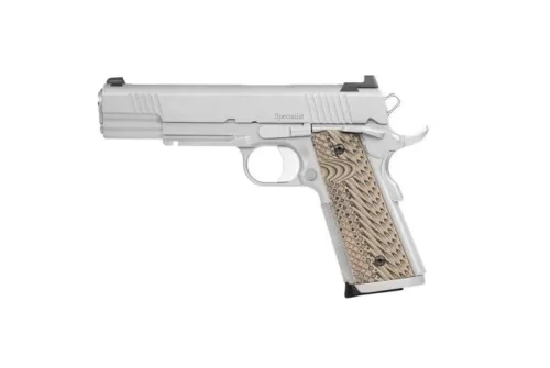 Dan Wesson 01806 Specialist  9Mm Luger 10+1 5" Stainless Steel Barrel, Black Duty Serrated Stainless Steel Slide & Frame W/Beavertail & Picatinny Rail, Black/Brown G10 Grip, Ambidextrous