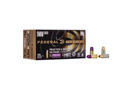 Federal Premium Practice & Defend 9mm Luger 147 Grain HST JHP/Syntech TSJ Centerfire Pistol Ammunition, 100 Rounds, P9HST2TM100
