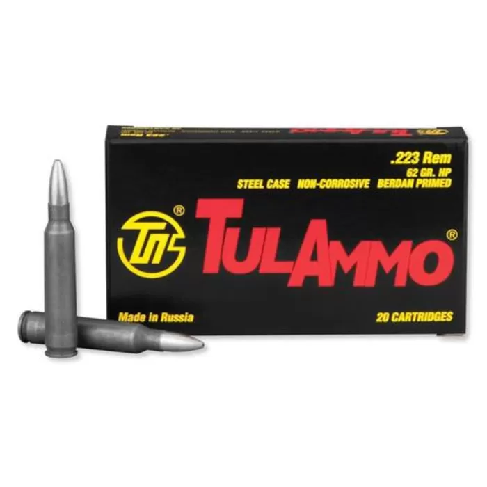 TULAMMO Steel Cased 223 Rem. 62 Grain Hollow Point Ammo, 20 Round Box (TA223621) TULAMMO Steel Cased 223 Rem. 62 Grain Hollow Point Ammo, 20 Round Box (TA223621)