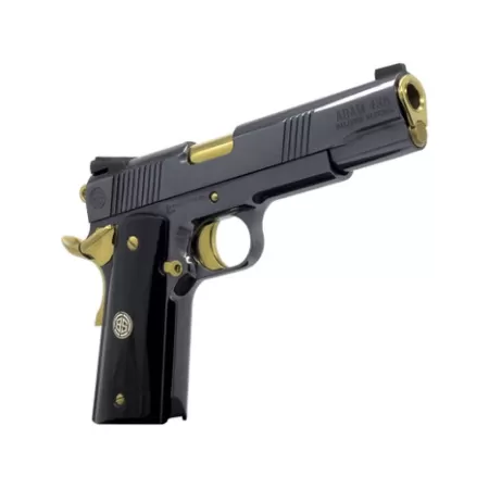 Dickinson LLC DKSN45AB Adam 1911 Acoustic Full Size 45 ACP 8+1 5" Gold Barrel, Shiny Black Steel B Serrations Slide, Shiny Black Steel Frame w/Beavertail