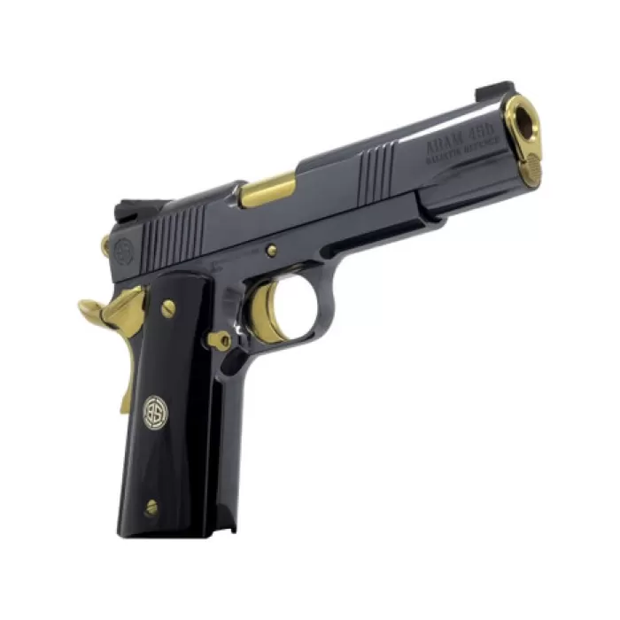 Dickinson LLC DKSN45AB Adam 1911 Acoustic Full Size 45 ACP 8+1 5" Gold Barrel, Shiny Black Steel B Serrations Slide, Shiny Black Steel Frame w/Beavertail Dickinson LLC DKSN45AB Adam 1911 Acoustic Full Size 45 ACP 8+1 5" Gold Barrel, Shiny Black Steel B Serrations Slide, Shiny Black Steel Frame w/Beavertail