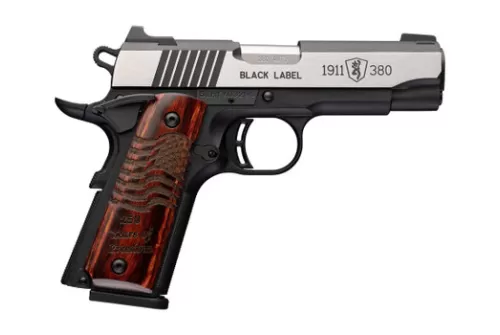 Browning 051123492 1911 Black Label Medallion Pro 250 Compact Frame 380 ACP 8+1 3.63" Stainless Steel Barrel, Stainless Steel w/Blackened Slide Flats Serrated Slide, Matte Black Aluminum Frame w/Beave