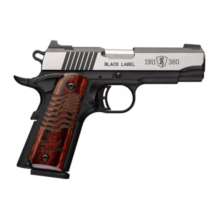 Browning 051123492 1911 Black Label Medallion Pro 250 Compact Frame 380 ACP 8+1 3.63" Stainless Steel Barrel, Stainless Steel w/Blackened Slide Flats Serrated Slide, Matte Black Aluminum Frame w/Beave