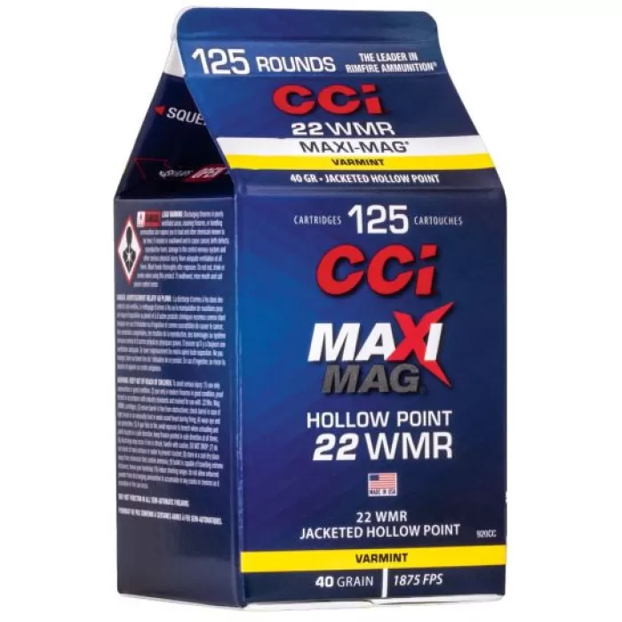 CCI 920CC Maxi-Mag 22 WMR 40 gr 1875 fps Jacketed Hollow Point (JHP) 125 Bx CCI 920CC Maxi-Mag 22 WMR 40 gr 1875 fps Jacketed Hollow Point (JHP) 125 Bx