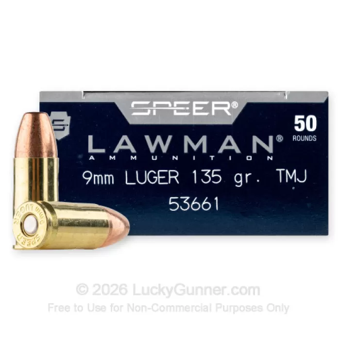 Speer Lawman Handgun Training Ammunition 9mm Luger 135gr TMJ 1120 fps 50/ct Speer Lawman Handgun Training Ammunition 9mm Luger 135gr TMJ 1120 fps 50/ct