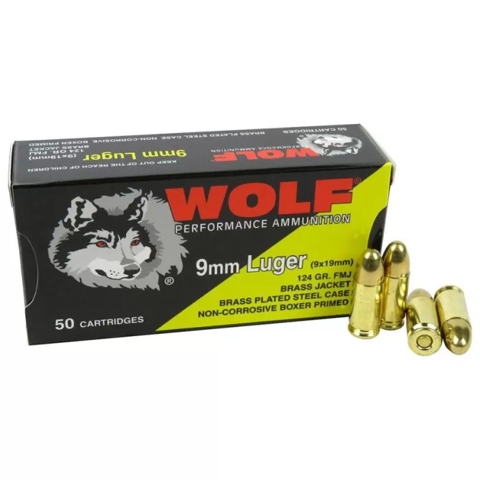 WOLF 9MM 124GR FMJ 50/BX BRASS PLTD - Brass Plated Steel Casing