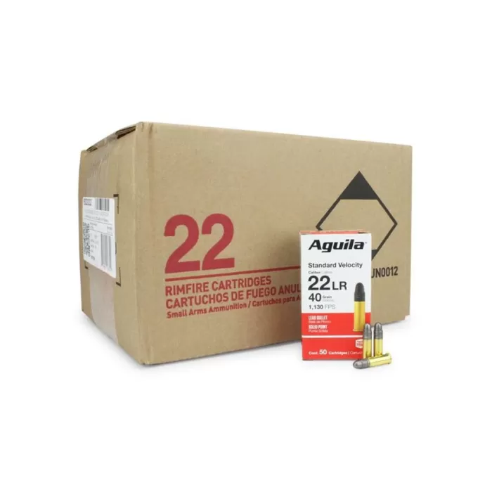Aguila Standard Velocity Rimfire Ammunition .22 LR 40 gr SP 1130 fps 2000/ct Case (40 boxes of 50/ct) Aguila Standard Velocity Rimfire Ammunition .22 LR 40 gr SP 1130 fps 2000/ct Case (40 boxes of 50/ct)
