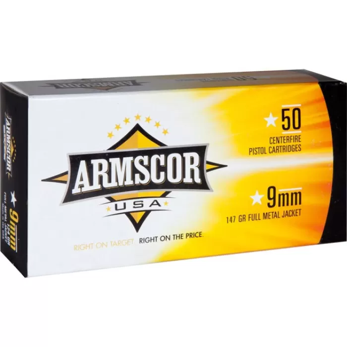 Armscor Pistol Ammo Brass 9mm 147 Grain 50-Rounds FMJ Armscor Pistol Ammo Brass 9mm 147 Grain 50-Rounds FMJ