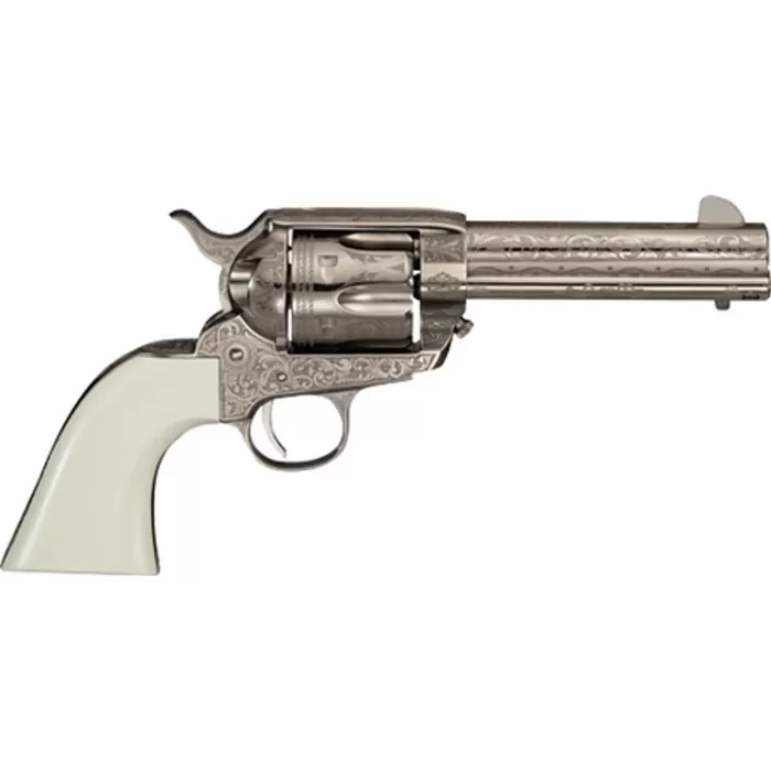 Cimarron Meldrum .45 Long Colt 4.75" 6rd Engraved Nickel/ivory Cimarron Meldrum .45 Long Colt 4.75" 6rd Engraved Nickel/ivory