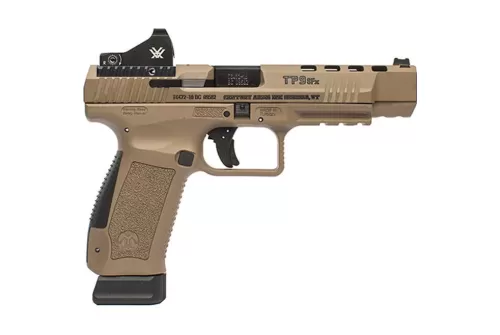 CANIK TP9SFx Striker Fired 9MM 5.2" Match Grade Barrel Two 20 Round Magazines with Vortex Vipee Red Dot Site Tan