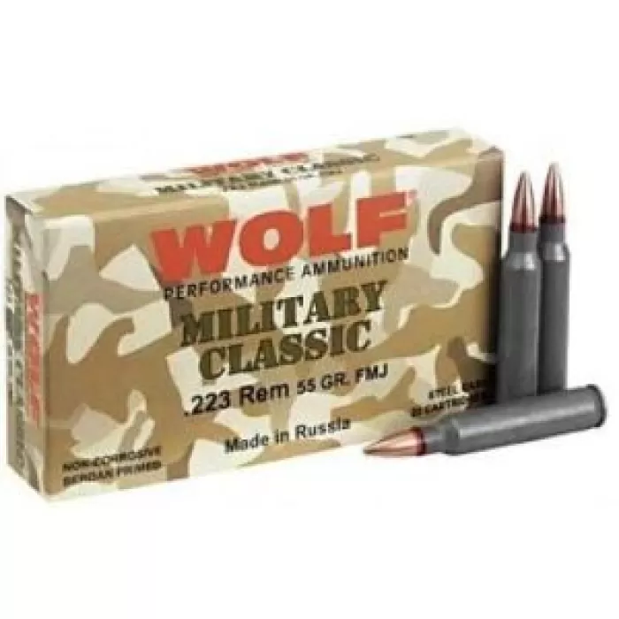 Wolf Ammo Military Classic .223 Remington 55 Grain Full Metal Jacket Steel Cased Centerfire Rifle Ammunition, DZMC22355FMJC Wolf Ammo Military Classic .223 Remington 55 Grain Full Metal Jacket Steel Cased Centerfire Rifle Ammunition, DZMC22355FMJC