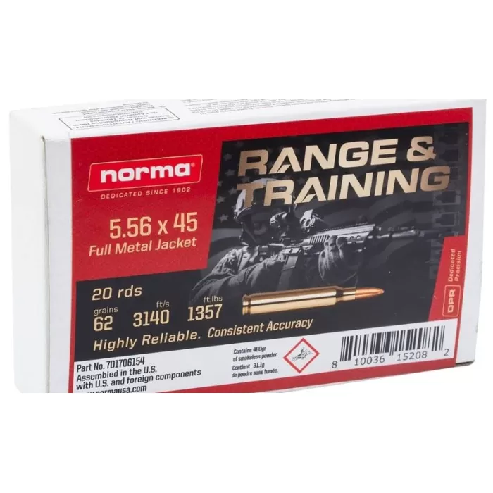 Norma Range & Training 5.56x45mm, 62gr, Full Metal Jacket, 20rd Box Norma Range & Training 5.56x45mm, 62gr, Full Metal Jacket, 20rd Box