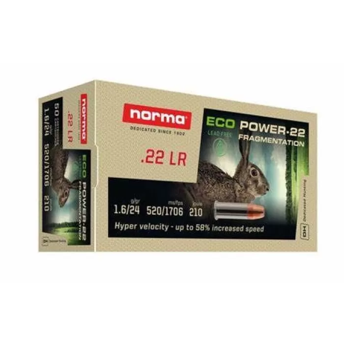 Norma .22 LR - 24 Gr - Lead Free - Fragmentation Hollow Point - Norma EcoPOWER Qty 500 - Dirty Bird Industries Norma .22 LR - 24 Gr - Lead Free - Fragmentation Hollow Point - Norma EcoPOWER Qty 500 - Dirty Bird Industries