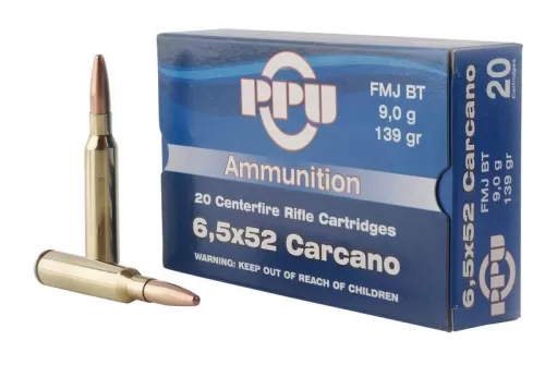 PPU Metric Rifle Ammunition Brass 6.5 X 52 Carcano 20-Rounds 139 Grain FMJ