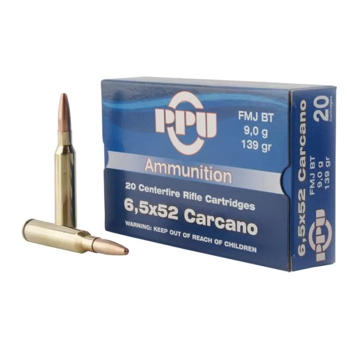PPU Metric Rifle Ammunition Brass 6.5 X 52 Carcano 20-Rounds 139 Grain FMJ
