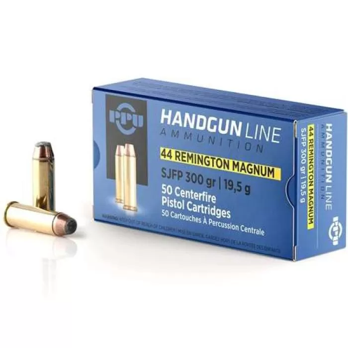 PPU PPH44MF Handgun 44 Rem Mag 300 gr Semi Jacketed Flat Point 50 Per Box 10 UPC: 8605003813163 PPU PPH44MF Handgun 44 Rem Mag 300 gr Semi Jacketed Flat Point 50 Per Box 10 UPC: 8605003813163