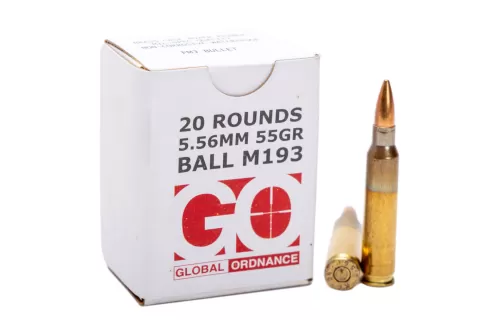Global Ordnance M193, 5.56 NATO, 55gr, Brass Case, Full Metal Jacket, 20rd Box