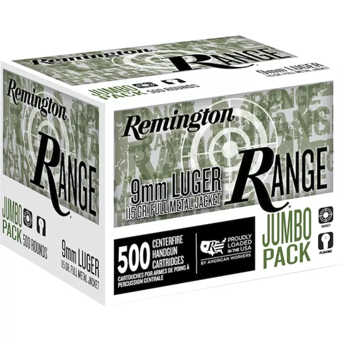 Remington Range 9mm Luger 115gr Full Metal Jacket Handgun Ammo - 500 Rounds