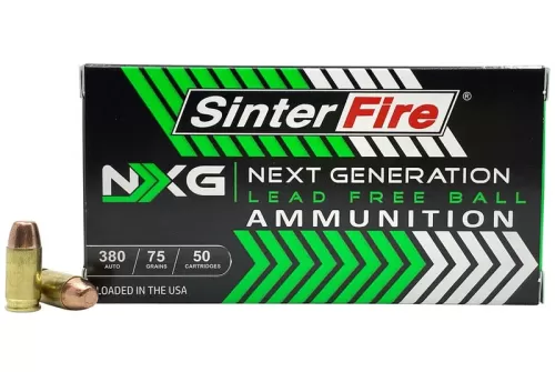 SinterFire NXG Lead Free Ball 380 Auto 75 Grain Brass Cased Pistol Ammo, 50 Rounds, SF38075NXG