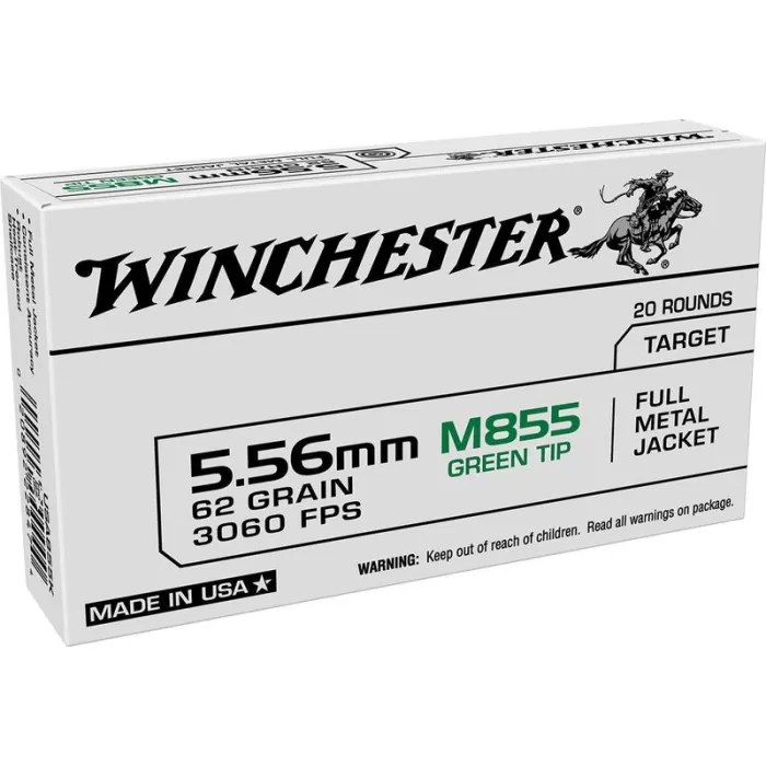 Winchester Lake City 5.56 MM M855 FMJ WIN 62 GR 50 Green Tip 50-20RD Box 1000 rds tot, WM855K Case Winchester Lake City 5.56 MM M855 FMJ WIN 62 GR 50 Green Tip 50-20RD Box 1000 rds tot, WM855K Case