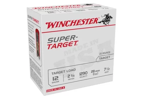 Winchester SUPER-TARGET 12 Gauge 1oz, 2.75in, 7.5 Shot Size, 1290MV, Shotgun Ammo, 25 Rounds, TRGT12907
