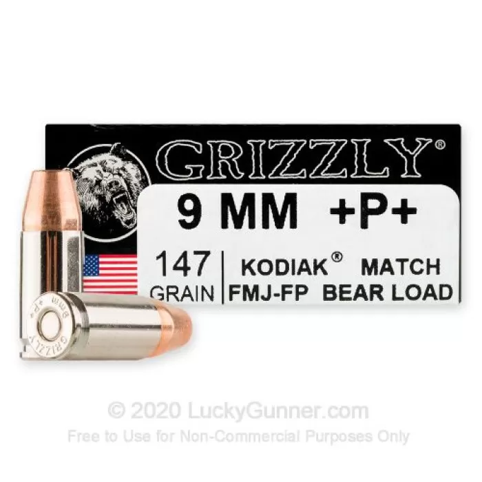 Grizzly Cartridge 9mm +P 147 Grain Full Metal Jacket Flat-Point Ammo Grizzly Cartridge 9mm +P 147 Grain Full Metal Jacket Flat-Point Ammo