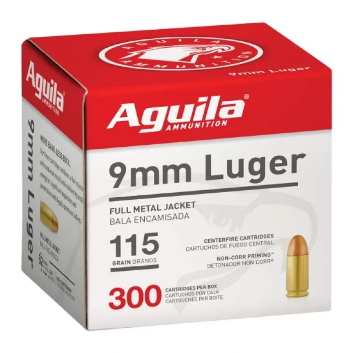 Aguila 9mm 115 gr Full Metal Jacket Ammunition, 300/box - 1E097700 Aguila 9mm 115 gr Full Metal Jacket Ammunition, 300/box - 1E097700
