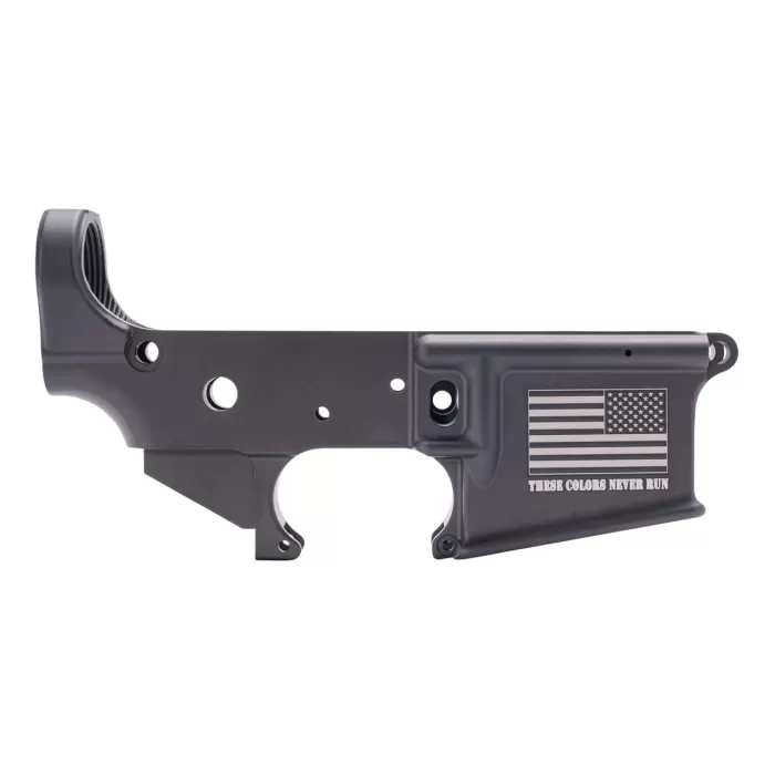 Anderson AM-15 Forged Stripped AR15 Lower Receiver - Black | Flag & "These Colors Never Run" Slogan Anderson AM-15 Forged Stripped AR15 Lower Receiver - Black | Flag & "These Colors Never Run" Slogan