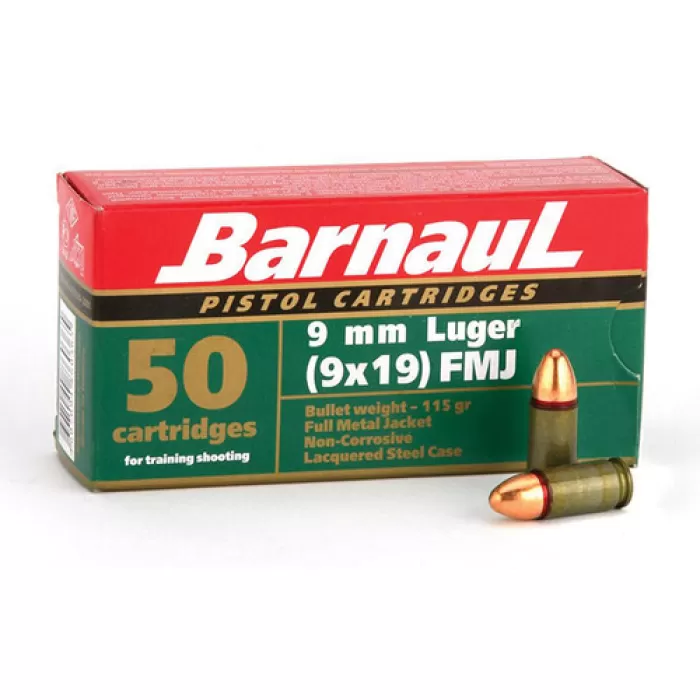 BARNAUL 9MM 115GR FMJ LACQUER STEEL CASE 50/box