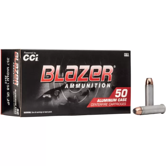 Blazer Ammunition Blazer 357MAG 158 Grain Jacketed Hollow Point, 50 Round Box - Dirty Bird Industries Blazer Ammunition Blazer 357MAG 158 Grain Jacketed Hollow Point, 50 Round Box - Dirty Bird Industries