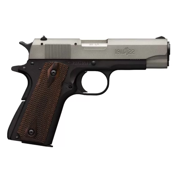 Browning 1911-22 A1 Compact *CA Compliant* .22 LR, 4" Barrel, Walnut Grips, SS/Black, 10rd Browning 1911-22 A1 Compact *CA Compliant* .22 LR, 4" Barrel, Walnut Grips, SS/Black, 10rd