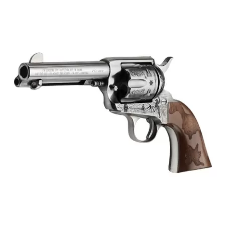 Pietta PFI45CP434EW Cowpoke 45 Colt (Long Colt) 6 Shot 4.75" Nickel Barrel, Nickel Engraved Cylinder & Frame, Cowhide Walnut Engraved Grip, Exposed Hammer