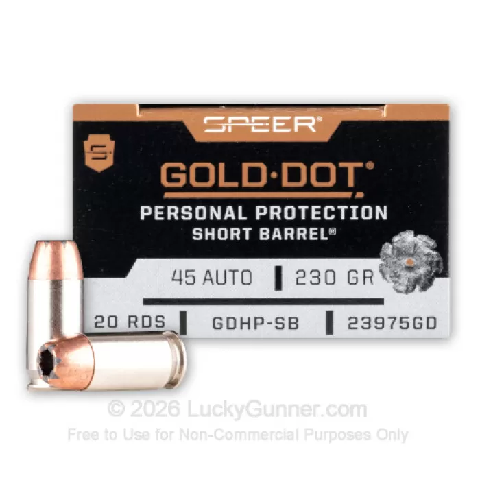 Speer Gold Dot Short Barrel 45 ACP Ammo 230 Grain Bonded Jacketed Hollow Point Case of 200 (10 Boxes of 20) Speer Gold Dot Short Barrel 45 ACP Ammo 230 Grain Bonded Jacketed Hollow Point Case of 200 (10 Boxes of 20)