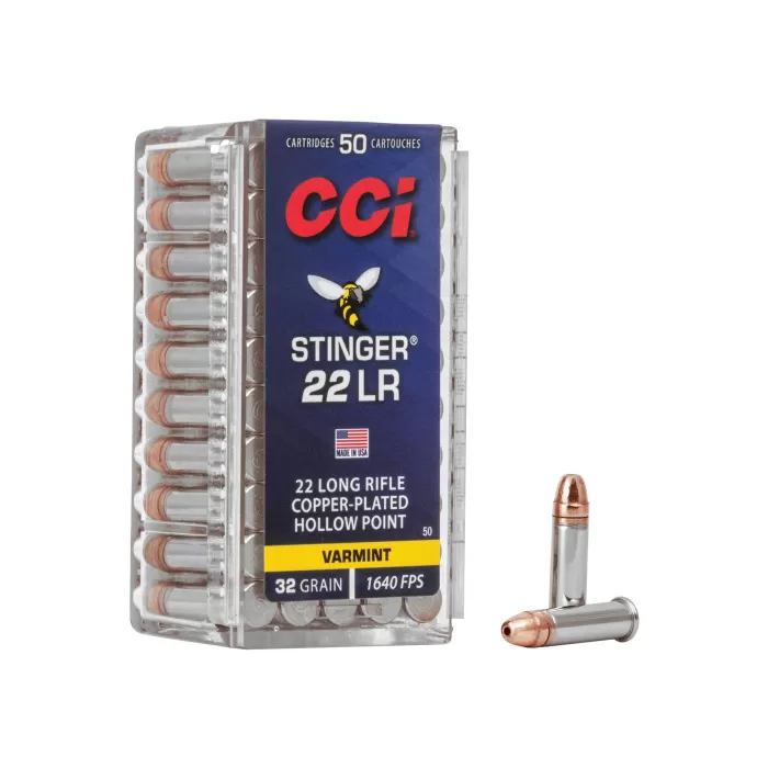 CCI 0050 Varmint Stinger 22 LR 32 gr Copper Plated Hollow Point (CPHP) 50 Bx - Dirty Bird Industries CCI 0050 Varmint Stinger 22 LR 32 gr Copper Plated Hollow Point (CPHP) 50 Bx - Dirty Bird Industries